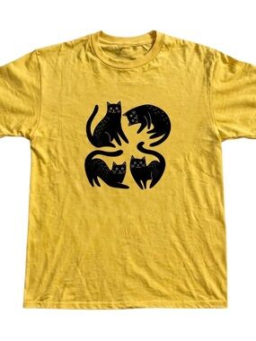 Yellow Cat Graphic T-Shirt - Cute Black Cats Design